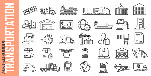 Cargo delivery and logistics vector icon set. Outline illustrations of transportation, shipping, warehouse, global freight, and last-mile delivery services. Minimalist linear icons.