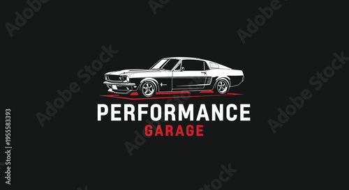 Classic muscle car logo for performance garage, automotive repair shop, and vehicle customization.
