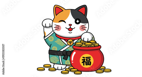 A cartoon calico cat wearing a green kimono holds a pot of gold coins with a cheerful expression on a plain white background.