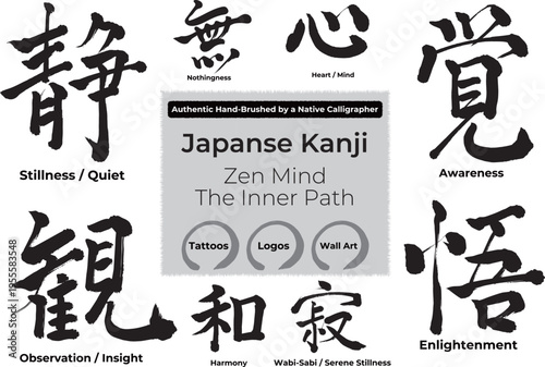 8 Zen Kanji Symbols for Meditation and Awakening - Hand-Brushed Japanese Calligraphy Vector Set (Heart, Enlightenment, Awareness)