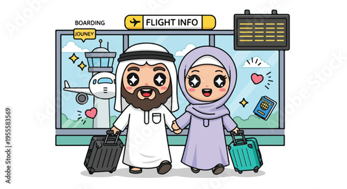Cartoon illustration of a smiling man and woman in traditional Middle Eastern attire standing with luggage at an airport departure board, with a cheerful and travel-themed background.