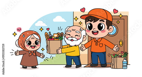 Cartoon illustration of a delivery man handing a package to an elderly couple at their doorway with a joyful atmosphere.