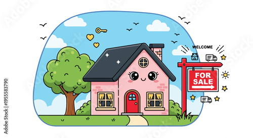 Cartoon illustration of a pink house with a 'For Sale' sign on a green lawn under a blue sky with clouds and birds.