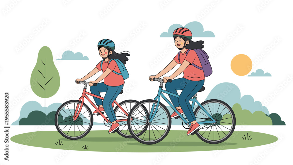 Fototapeta premium Two young girls wearing safety helmets and backpacks riding their bicycles through a scenic park on a sunny day, enjoying outdoor activity.
