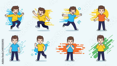 Set of male child character illustrations showing various active poses like running, jumping, and expressing excitement for use in design.