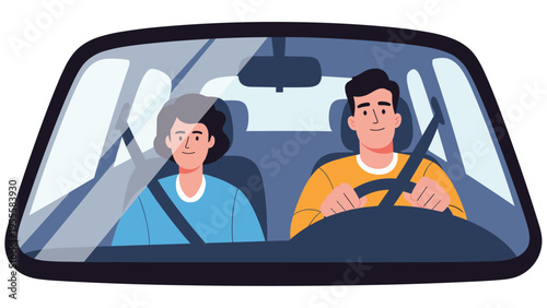 Young couple driving a car together seen through the front windshield, wearing seatbelts and focusing on the road during a safe car trip.