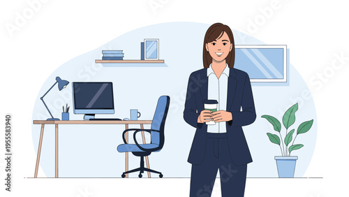 Smiling professional woman standing in her clean and modern home office with a coffee cup, representing a successful remote work lifestyle.