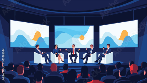 Expert panel members sitting on a stage and discussing topics during a corporate conference or seminar with large screens and an audience.