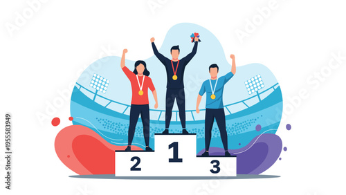 Three victorious athletes standing on a winner podium with medals around their necks, celebrating their success after a sports competition.