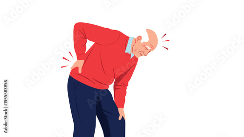 Elderly man suffering from lower back pain while standing, highlighting common physical health challenges and age related mobility issues.