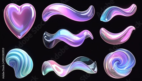 Abstract 3D Holographic Iridescent Liquid Shapes Set with Heart and Waves on Black Background