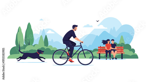 Man riding a bicycle through a sunny park while a dog runs beside him and a couple relaxes on a wooden bench in the background.