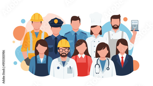 Large group of people from different career paths including a doctor, builder, chef, and police officer, representing workplace diversity.