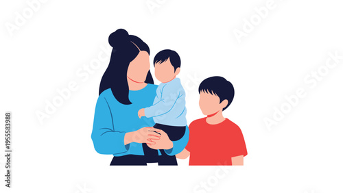 Simple illustration of a mother holding her baby in her arms while another young boy stands by her side, representing a loving family bond.
