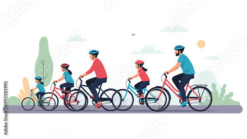 Active family of five riding their bicycles together along a park path, promoting healthy outdoor recreation and quality time together.