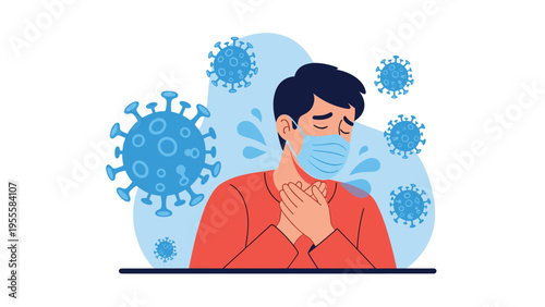Sick man wearing a blue protective face mask and coughing into his hands while surrounded by large blue coronavirus icons indicating infection.