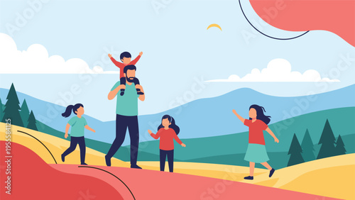 Loving father carrying a young child on his shoulders while hiking through a beautiful mountain landscape with his three other children nearby.