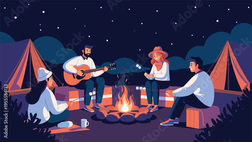 Group of friends enjoying a camping trip at night by sitting around a glowing bonfire, playing guitar, and roasting sweet marshmallows over the fire.