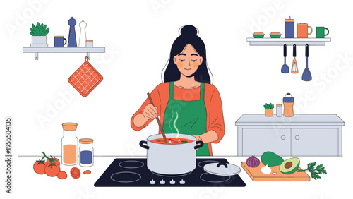 Happy young woman wearing a green apron over an orange shirt and stirring a pot of delicious soup in a well equipped and organized kitchen.