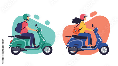 Man and woman wearing safety helmets and riding modern electric scooters in different colors through the city as a sustainable transport option.