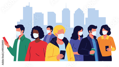 Large group of diverse people wearing protective face masks and walking through a city with tall skyscrapers in the background for safety.
