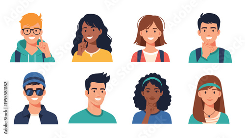 Diverse set of eight smiling young adult avatar portraits with different hairstyles and accessories suitable for social media or user profiles.