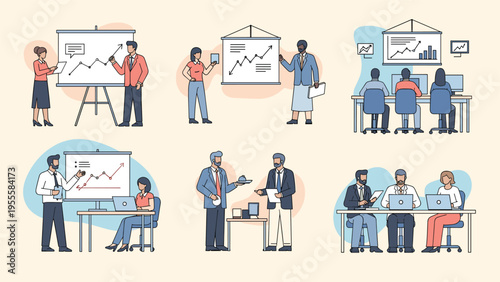 Collection of various business scenes showing professional people giving presentations, working at computers, and having meetings in an office.