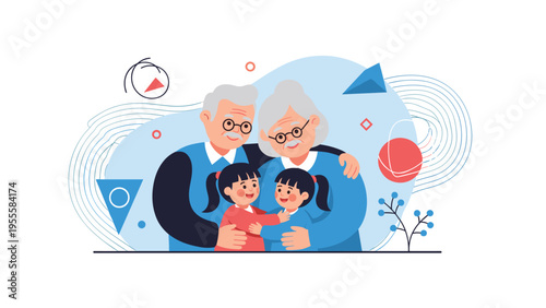 Loving elderly grandparents sharing a warm and tender hug with their two young granddaughters against a decorative blue and white background.