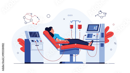 Brave woman lying down in a medical chair while donating blood or receiving a treatment with specialized machines in a clean clinic setting.