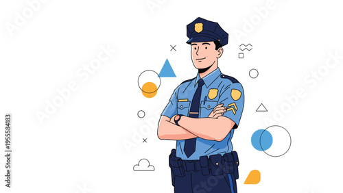 Proud police officer in a blue uniform and cap standing with his arms crossed confidently against a white background with abstract shapes.