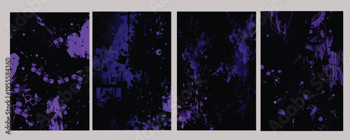 Grunge purple abstract textures on black background, set of 4 dark distressed vector backgrounds, moody paint splatter and ink blot patterns