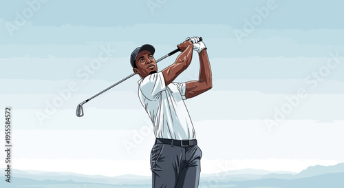 Man swinging golf club in a beautiful landscape