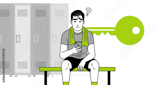 Confused man in gym locker room with phone and key, seeking locker access