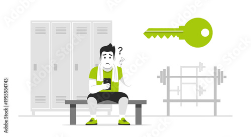Confused Man in Gym with Phone and Lost Key, Locker Room Background