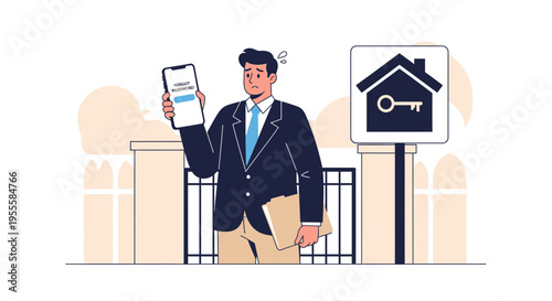 Confused Real Estate Agent with Phone and House Key Sign
