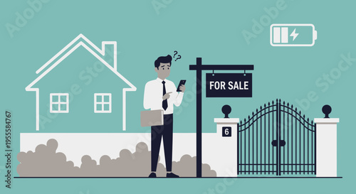 Confused realtor checking phone outside house for sale with low battery icon
