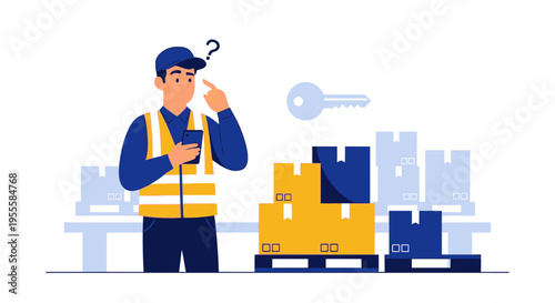 Confused warehouse worker with smartphone and boxes, logistics concept