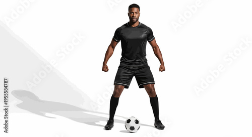 African American soccer player in black uniform standing with ball
