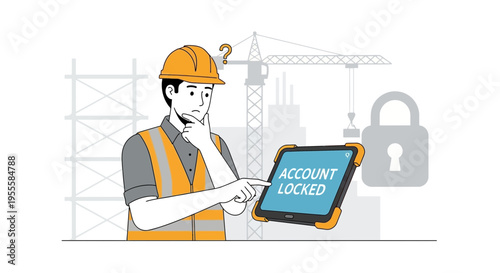 Construction worker confused by locked tablet account at building site