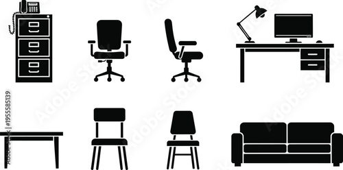 Office furniture icons including desk chair and storage