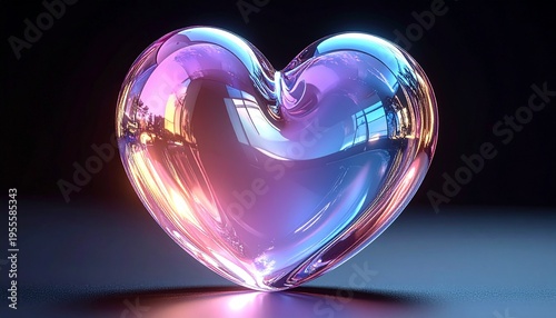 Vibrant Holographic Glass Heart with Iridescent Glowing Reflections on Dark Background