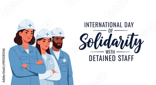 Illustration of diverse medical staff in solidarity, wearing uniforms and caps, with a text 'International Day of Solidarity with Detained Staff' in a supportive design.