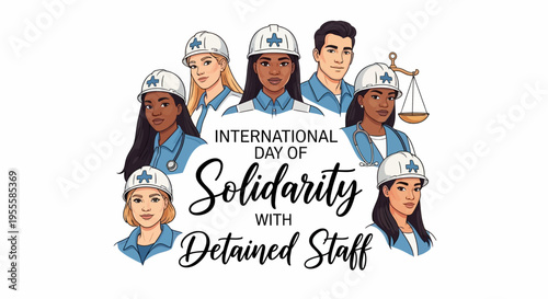 Illustration of diverse staff members supporting International Day of Solidarity with Detained Staff in a vector design.