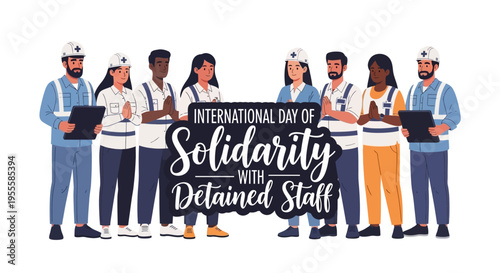 Illustration of diverse workers in uniforms standing together in solidarity with detained staff on International Day of Solidarity with Detained and Missing Staff with laptops and hard hats