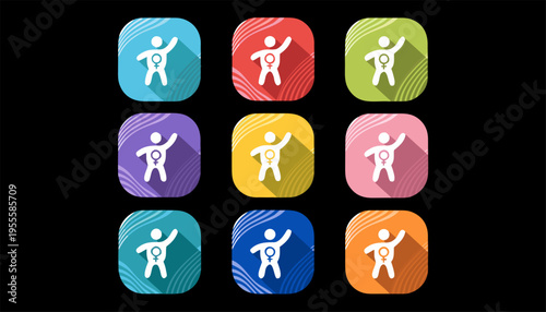 Set of Nine Flat Square App Icons Featuring a Gender Symbol Human Figure with Long Shadow in Multiple Vibrant Colors.eps