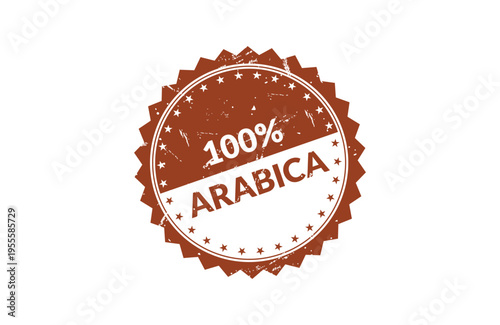 A vintage style brown stamp design with a jagged edge border featuring text stating 100% arabica Vector, illustration Stamp Icon.