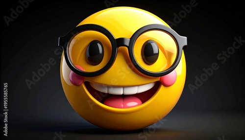 3D Render of a Joyful Yellow Nerd Emoji with Black Circular Glasses and a Wide Smile
