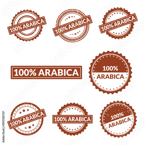 A collection of vintage brown coffee stamps featuring the text 100% arabica in various styles Vector, illustration Stamp Icon.