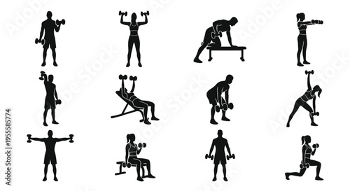 ダンベルでトレーニングする人々のシルエット