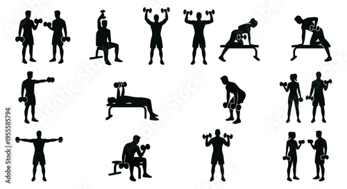 ダンベルでトレーニングする人々のシルエット